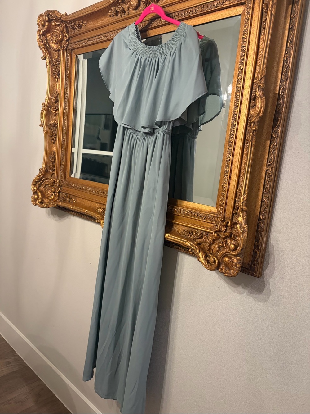 Show me your mumu Elegant Slate Blue Maxi Dress with Ruffled Cape